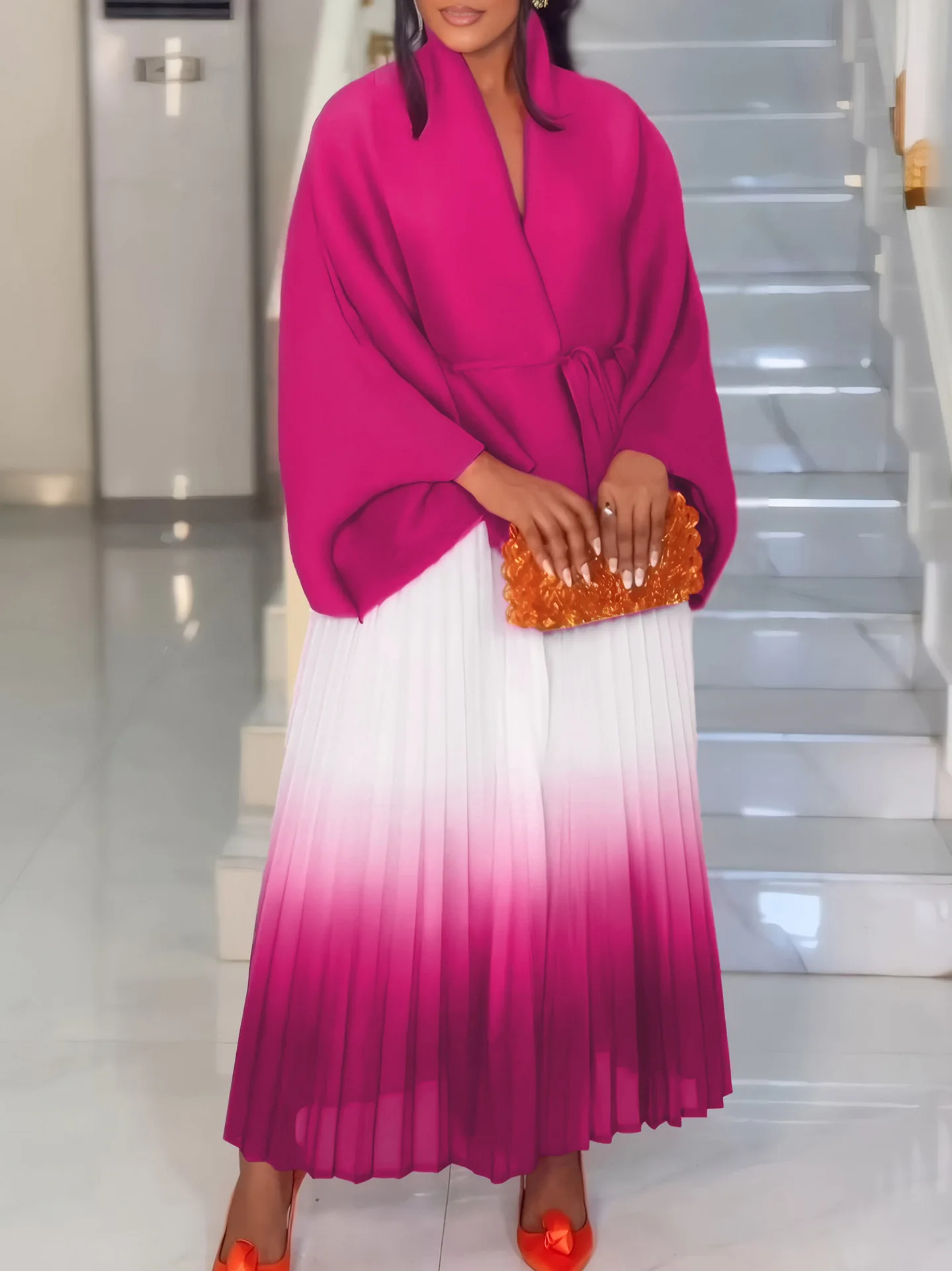 

Комплект для женщин больших размеров: модный весенний наряд с топом без бретелек с рукавами «летучая мышь» и юбкой с градиентным цветом