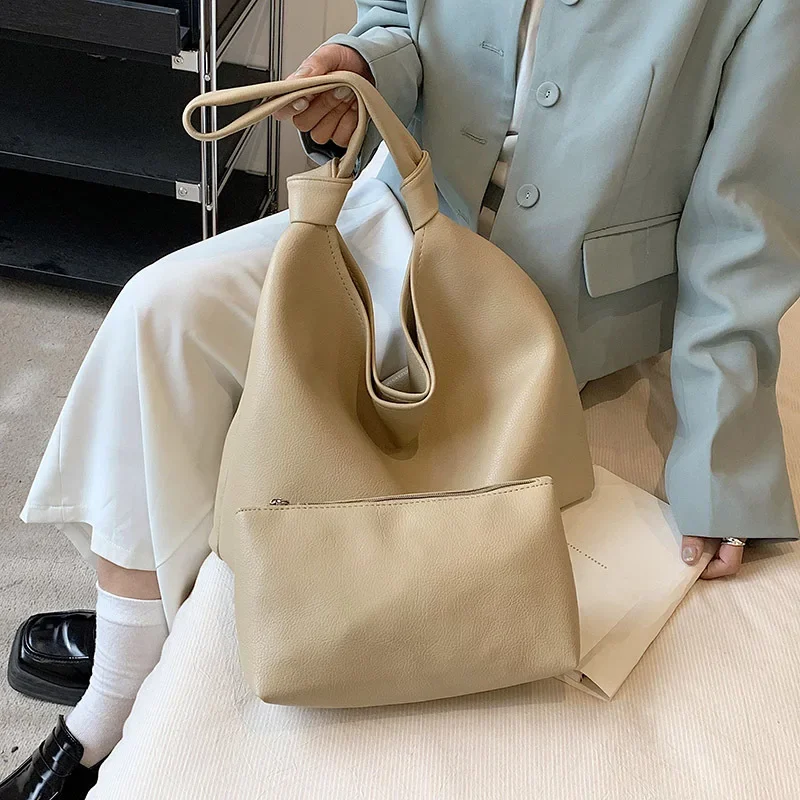 Women Shoulder Bags Summer New Fashionable Tote Simple Commuting Large Capacity Niche Solid Color Casual PU Leather Fabric