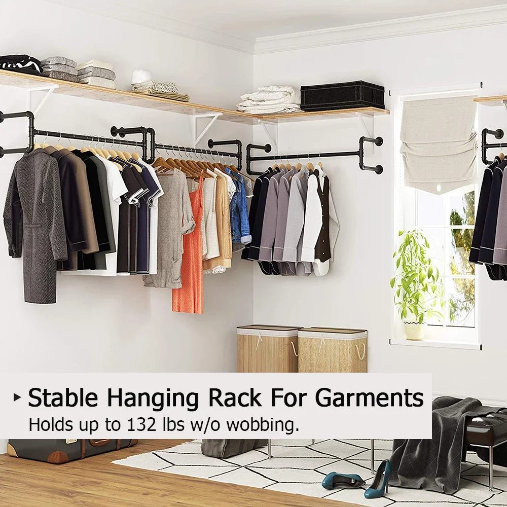 Industrial Pipe Clothes Rack, Heavy Duty Detachable Wall Mounted Black Iron Garment Bar,46 inch length Easy Assembly image 5