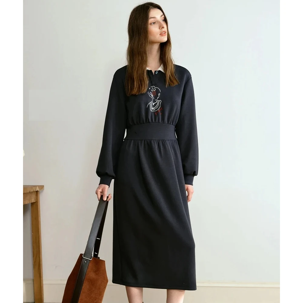 

OLrain Women's French Style Polo Collar Embroidered Knitted Dress Slim Fit Autumn 2025 New Design Sense Dress O57QL000260