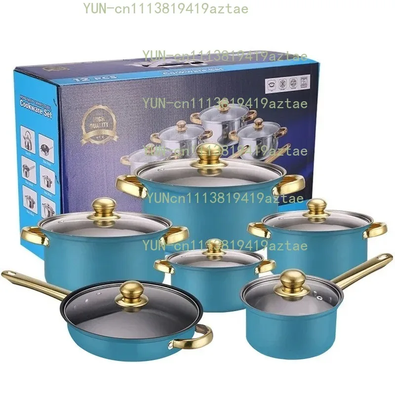 12-Piece Anti-Rust Stainless Steel Cookware Set Non-Stick Kitchenware Including Fry Pan and Cooking Pot for Kitchen Use