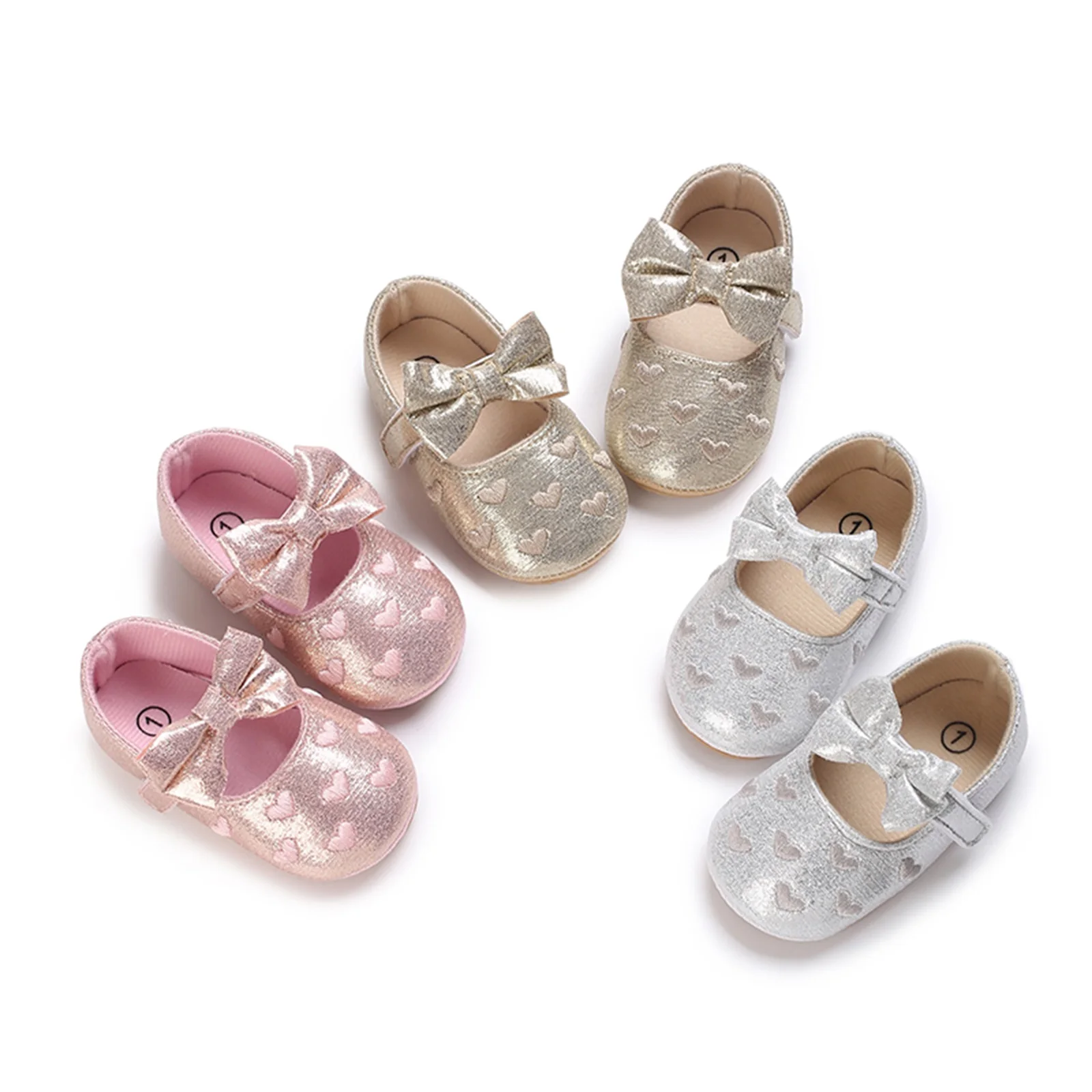 Infant Baby Girls Princess Shoes, Heart Jacquard Bowknot Non-Slip Wedding Slippers Adorable Shine Surface Baby Booties