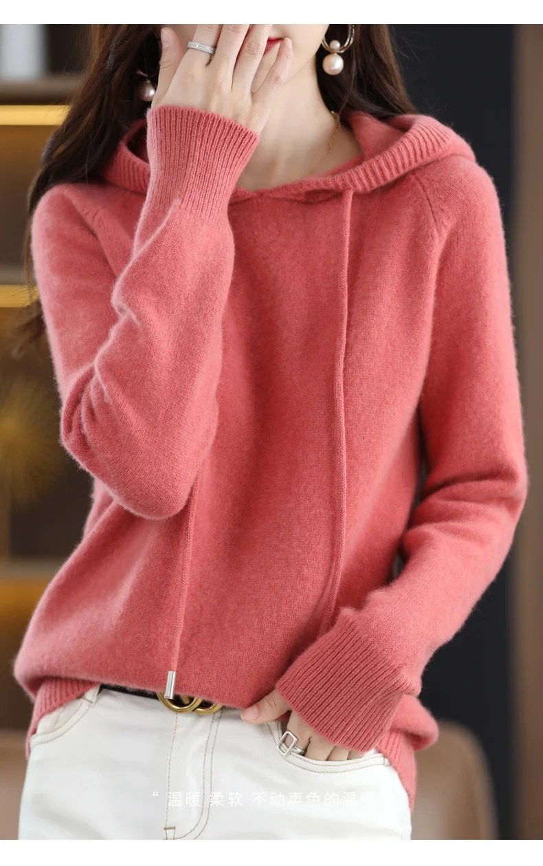 Mit kapuze Pullover Mode Frauen Herbst Winter Lange Ärmel Einfarbig Gestrickte Hoodies Dame Lose Kordelzug Casual Pullover Hoodie – Detail 7