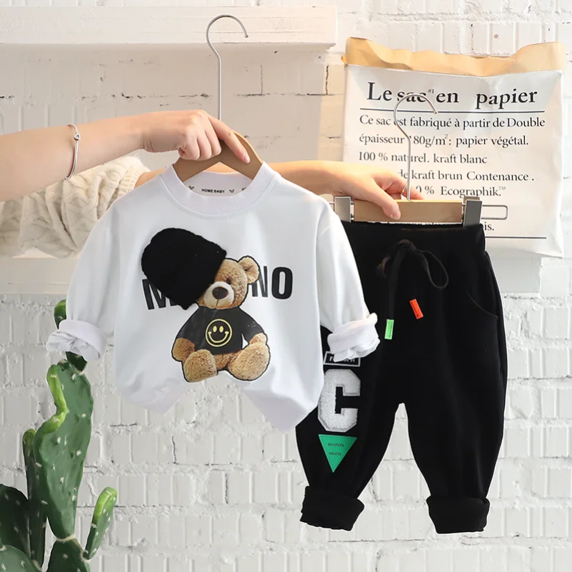 Ropa de bebé, traje de oso para niños y niñas, pantalones de manga larga con letras, conjuntos de ropa deportiva simples de ocio de dos piezas