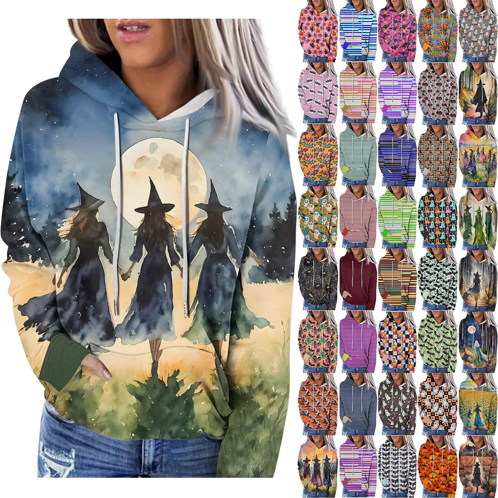 Autumn And Winter Women\'S Long Sleeved Hooded Sweatshirt Casual Halloween Witch Pattern Printed Hoodie Pullover For Women