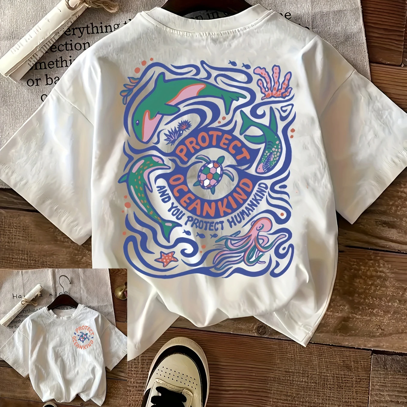 Protect Oceankind T-shirt Front Back Ocean Creatures Print Retro Environmental Men Women Oversized Casual Loose Cotton Tees