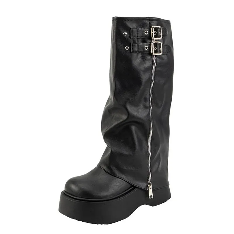 NEW Arrival Fashion Wide-Leg Knight Long Boots with Inner Elevator & Thick Sole Side Zipper Belt Buckle and Slouchy Design Boot