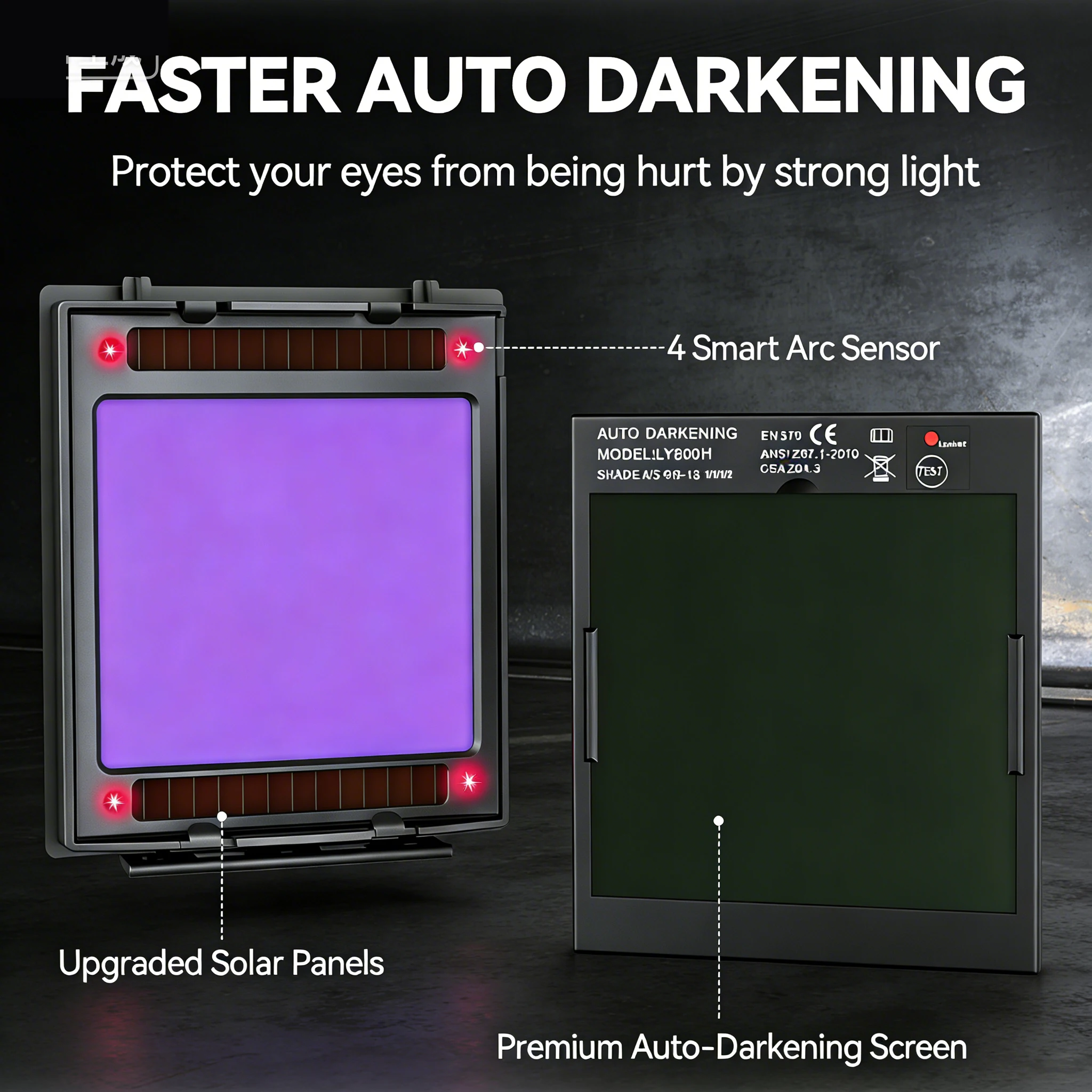 Large view 10 cm x 9.3 cm true color automatic darkening welding helmet with light, solar welding hood,4 arc sensors wide lampsh image 5
