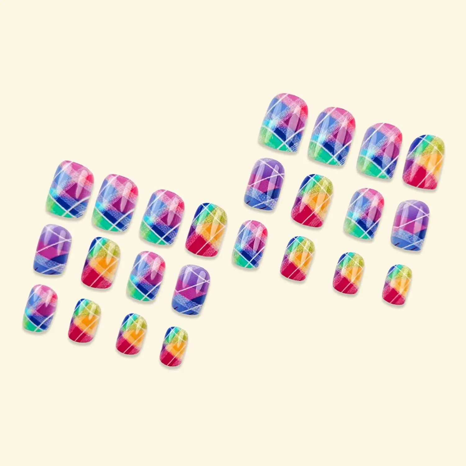 Rainbow Short Square False Nails Glossy Plaid Stick on Fingernail Checkered Acrylic Fake Nail Colorful French Tips Press on Nail