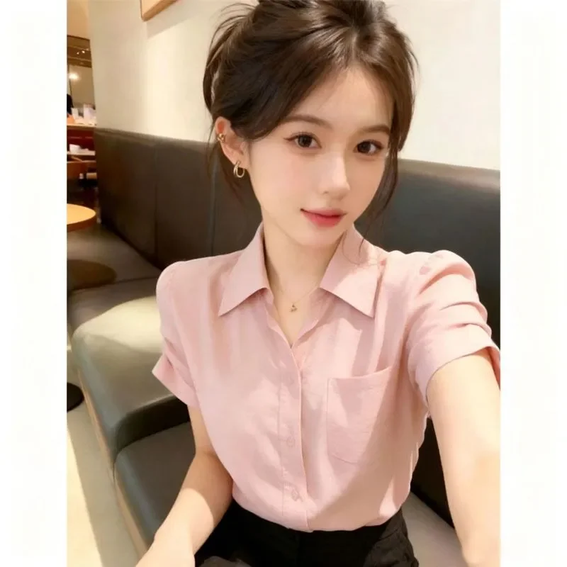 Pink Turn Down Collar Short Sleeve T Shirt with Paisley Scarf Detail Elegant Office Wear Women Tops