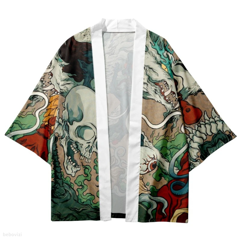 Streetwear Kimono Jepang Pria Wanita, kardigan Cosplay motif kerangka, Kimono tradisional pantai mode Haori, kemeja Jepang 5XL 6XL