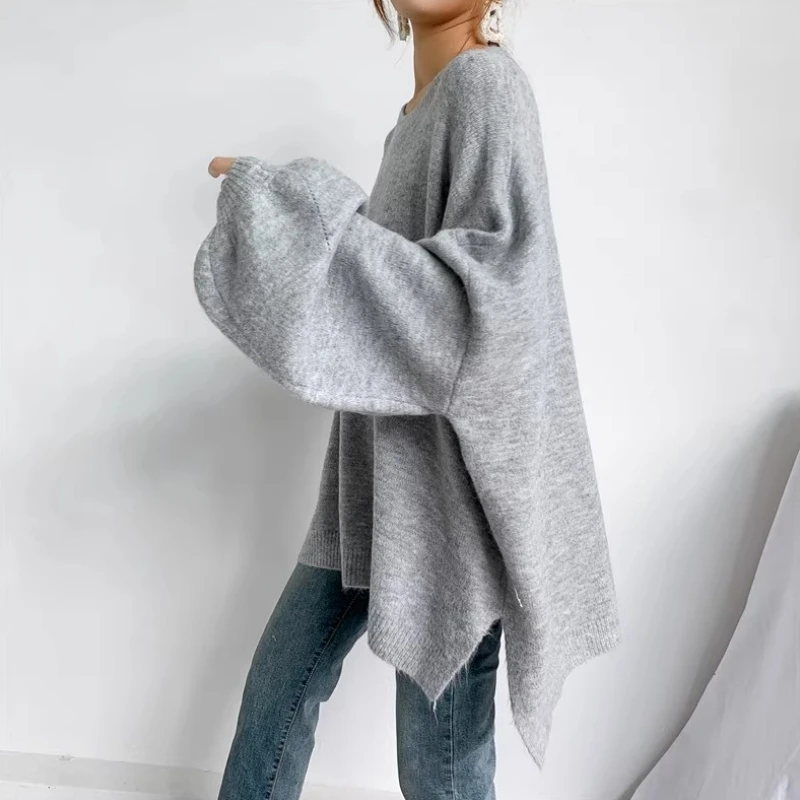 

Autumn Winter Grey Long Sweater Tops Women Lantern Sleeve Side Slit O-Neck Knitted Sweaters Pullovers Oversized pull hiver femme
