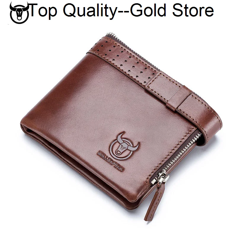 

BULLCAPTAIN RFID Vintage Men's Wallet Genuine Cow Leather Purse Double Folding Zipper Buckle Storage Card Holder For Male