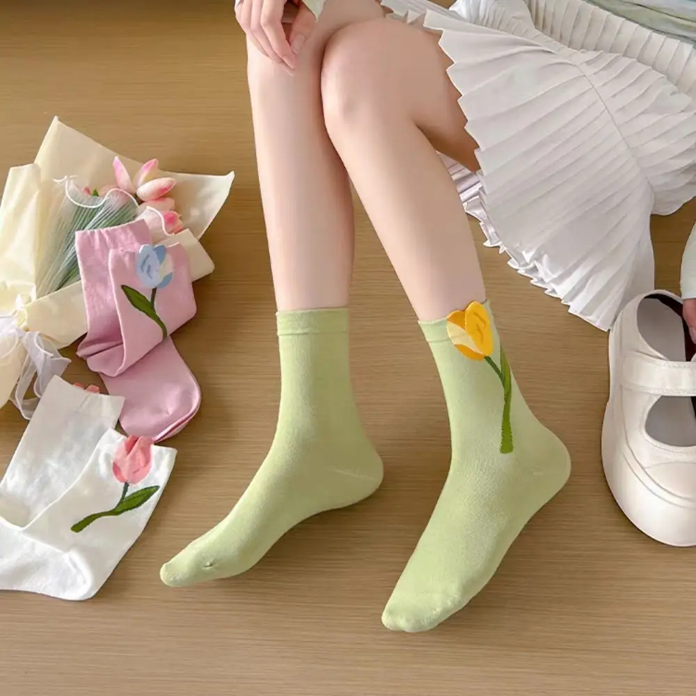 

5Pairs Soft Thin Tulip Flower Socks Sweet Female Hosiery Mid Tube Socks Breathable Socks for Women Lady
