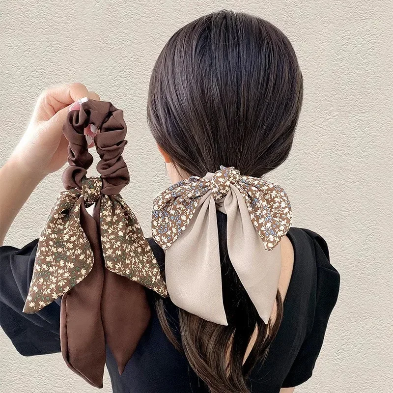 2025 New Korean Floral Bowknot Hair Ties for Women Girls Sweet Elastics Long Ribbon Ponytail Scarf Hair Tie Hair Accessories