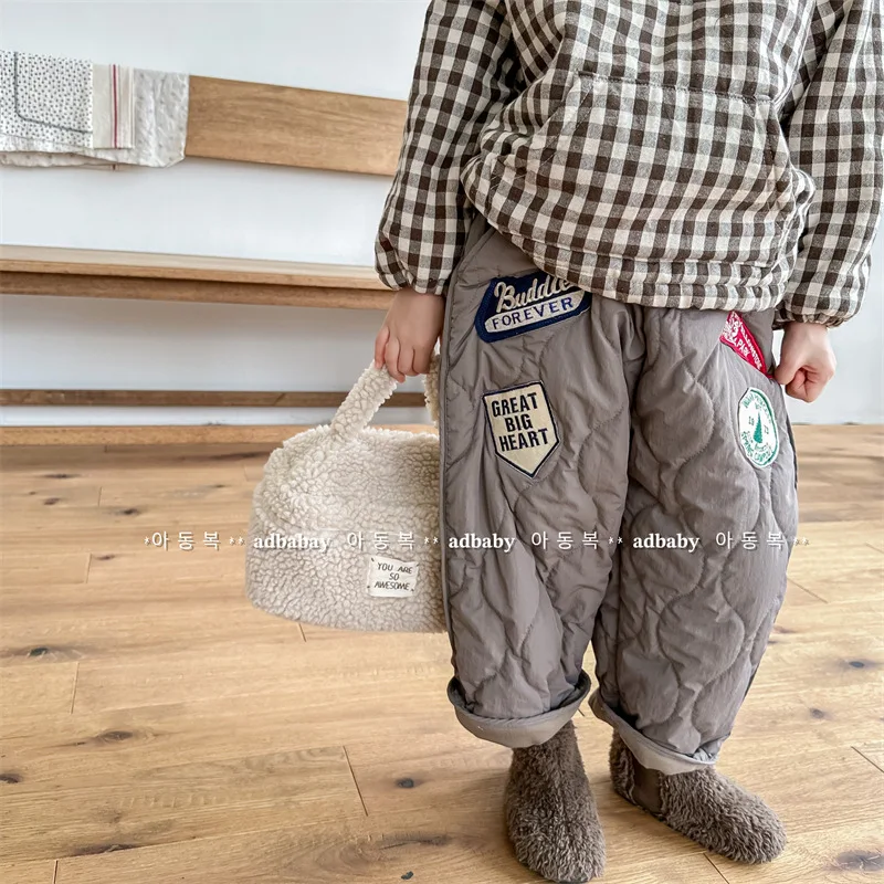 2024 Winter New Baby Plus Velvet Thick Casual Pants Girls Cotton Padded Trousers Boy Letter Patch Warm Pants Toddler Clothes