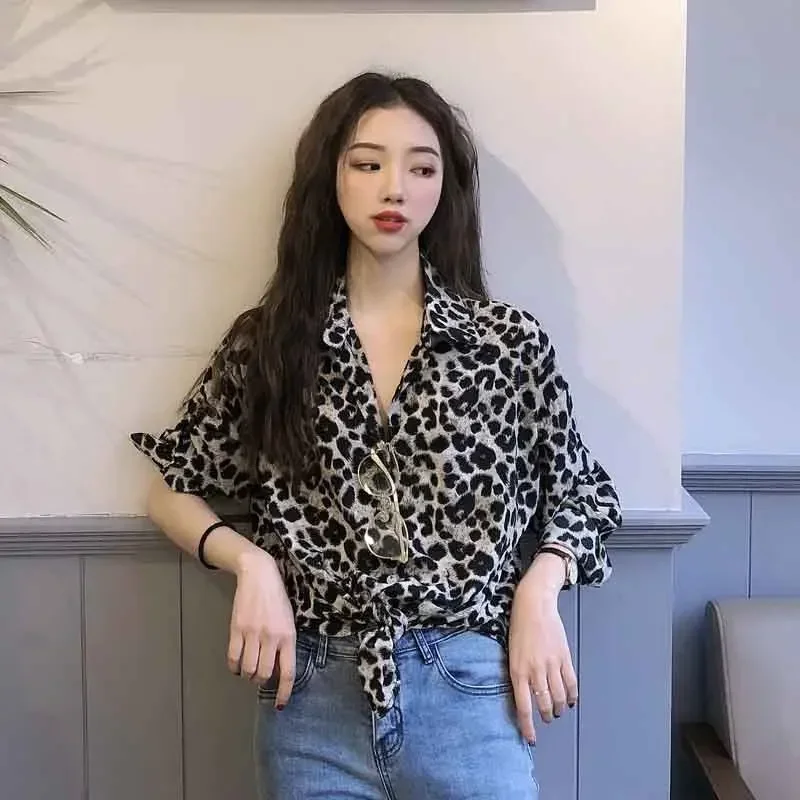 

Western Style Fashion Women's Clothing Spring Summer New Long Sleeved Leopard Printed Shirt Casual Loose Slimming Versatile Top