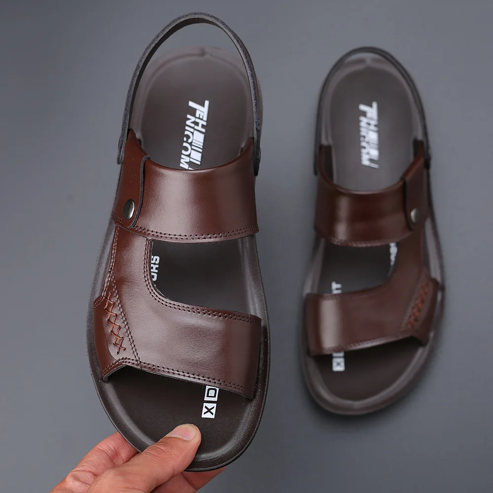 2024 Summer New Fashion Men Shoes Vintage Cow Leather Non-slip Beach Slip-On Sandals Travel Flip Flop Slippers Black Brown