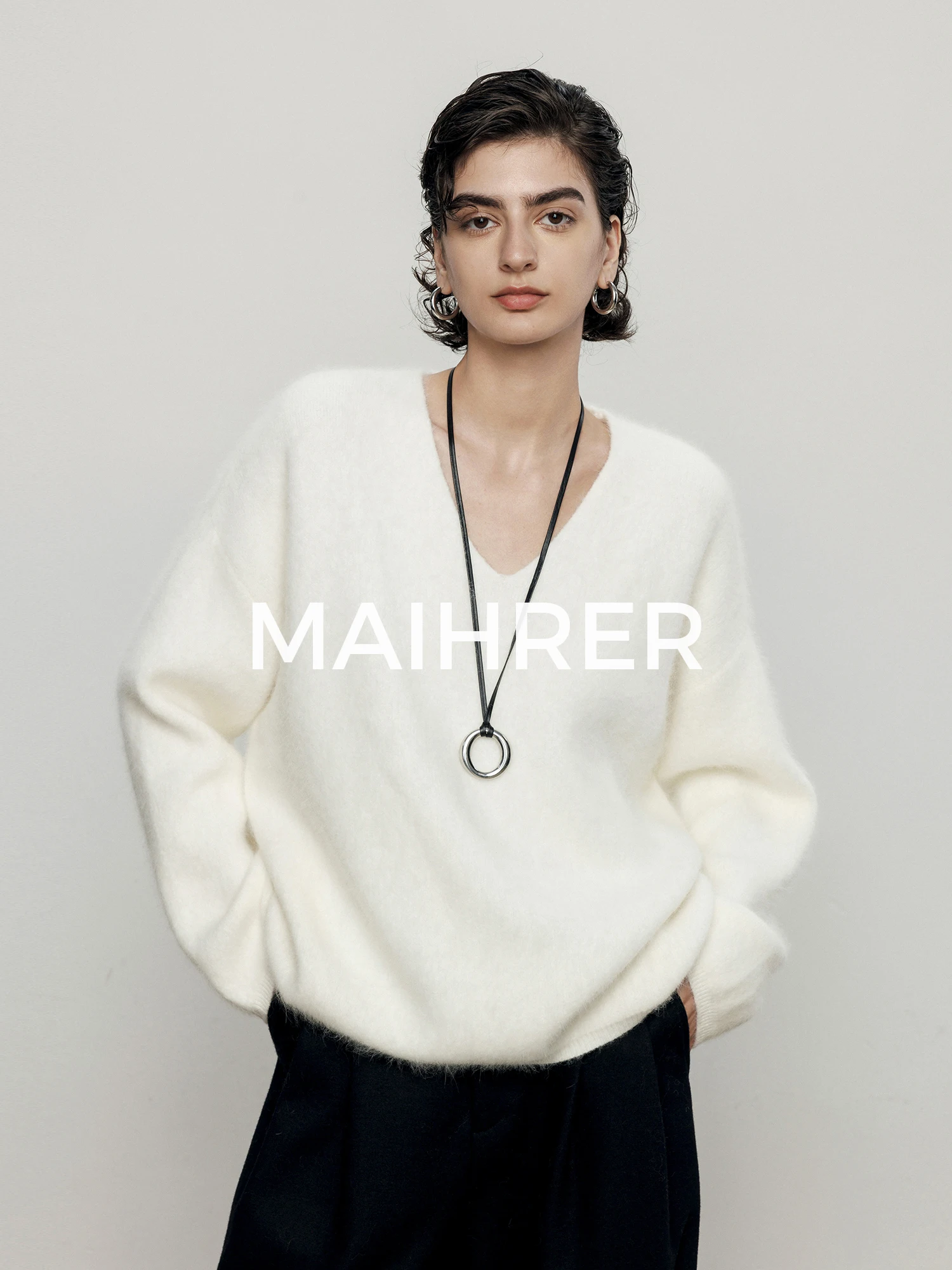 

Женский теплый вязаный топ Maiher из кроличьего меха с длинным рукавом и V-образным вырезом, свободный крой, базовый слой для осени и зимы, повседневный стиль