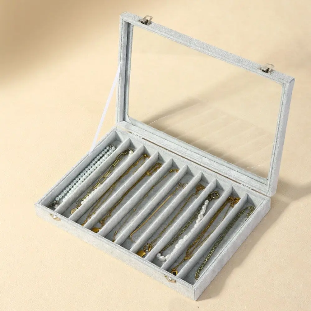 Velvet Fabric Jewelry Storage Tray Solid Color Glass Lid Pendant Display Case Large Capacity Dust Proof Long Necklace Box