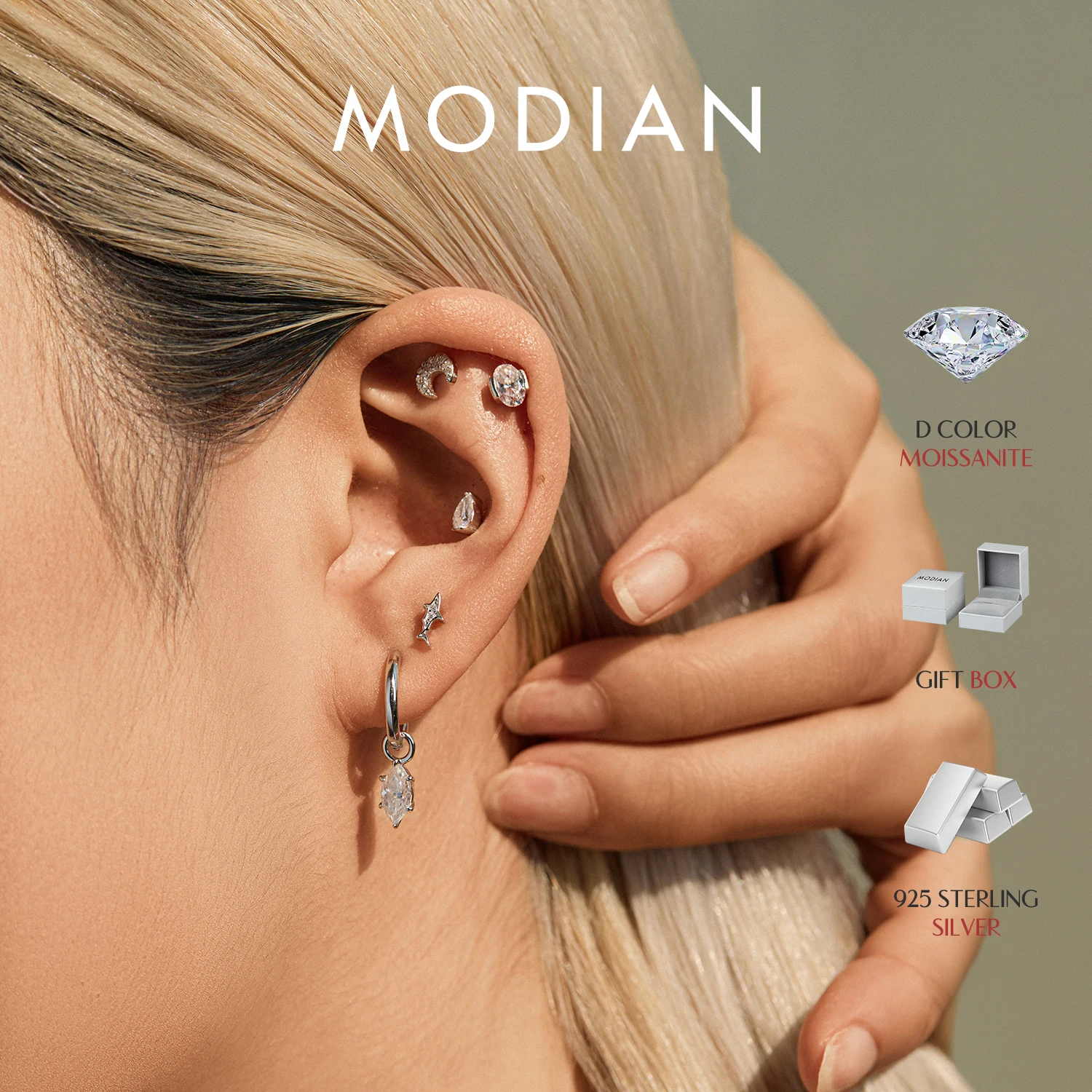 

MODIAN 925 Sterling Sliver Sexy Shark Moon Geometric Moissanite Heart Screw Stud Earring For Women Fine Jewelry