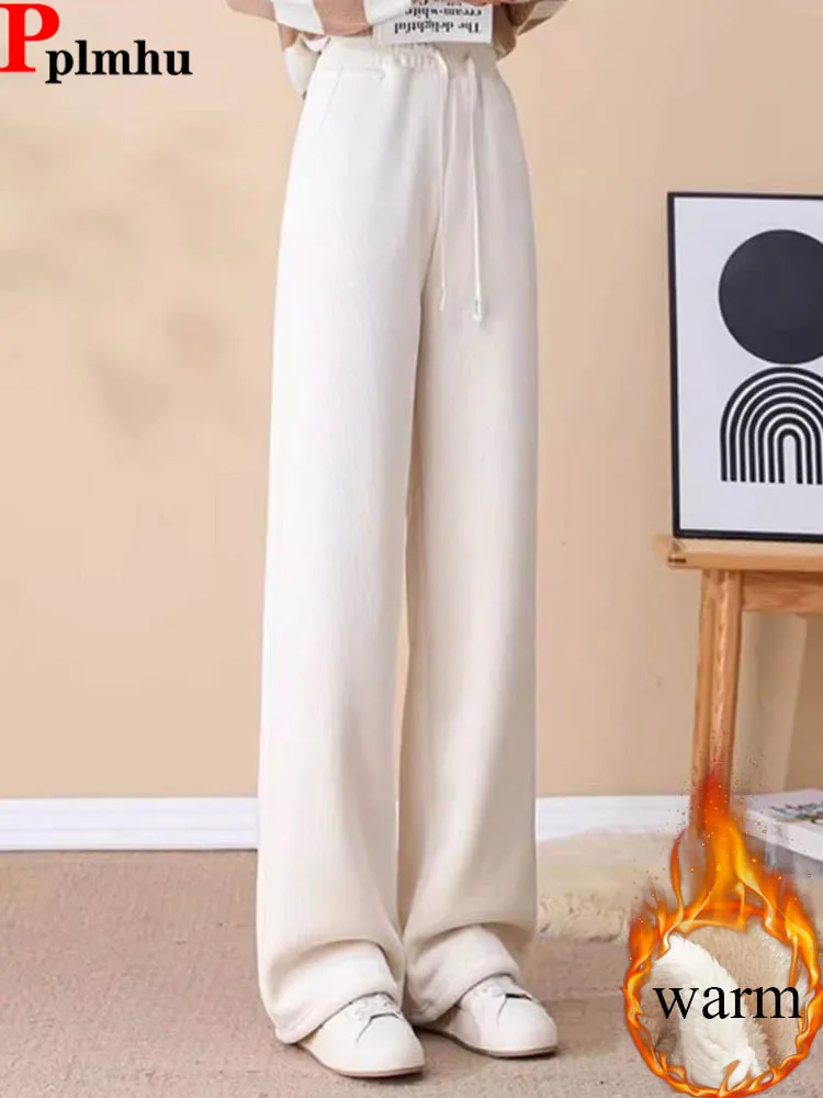 

Зимние теплые свободные прямые брюки, корейские модные эластичные спортивные штаны с высокой талией на бархатной подкладке, женские повседневные утепленные брюки на шнуровке