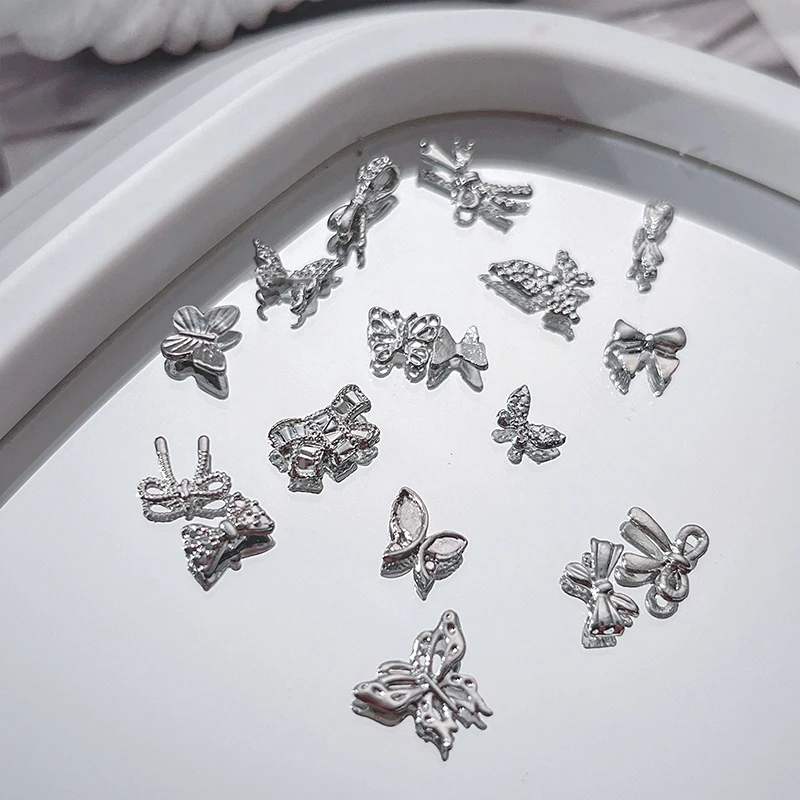 10Pcs Silver Color Butterfly Nail Art Decorations Bling Crystal Zircon Bow Nail Decoration 3D Metal Manicure Accessories