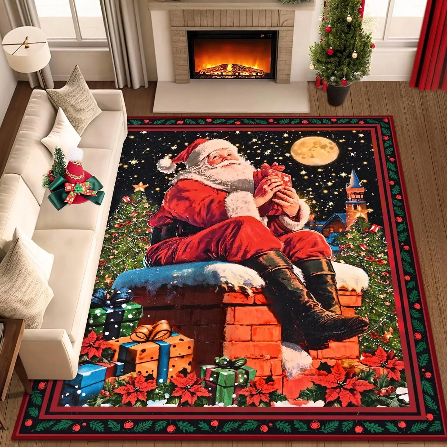 

hristmas Rugs for Living Room Carpet Santa Claus Non Slip Washable Rugs for Bedroom Living Room Winter Carpet for Dining Room