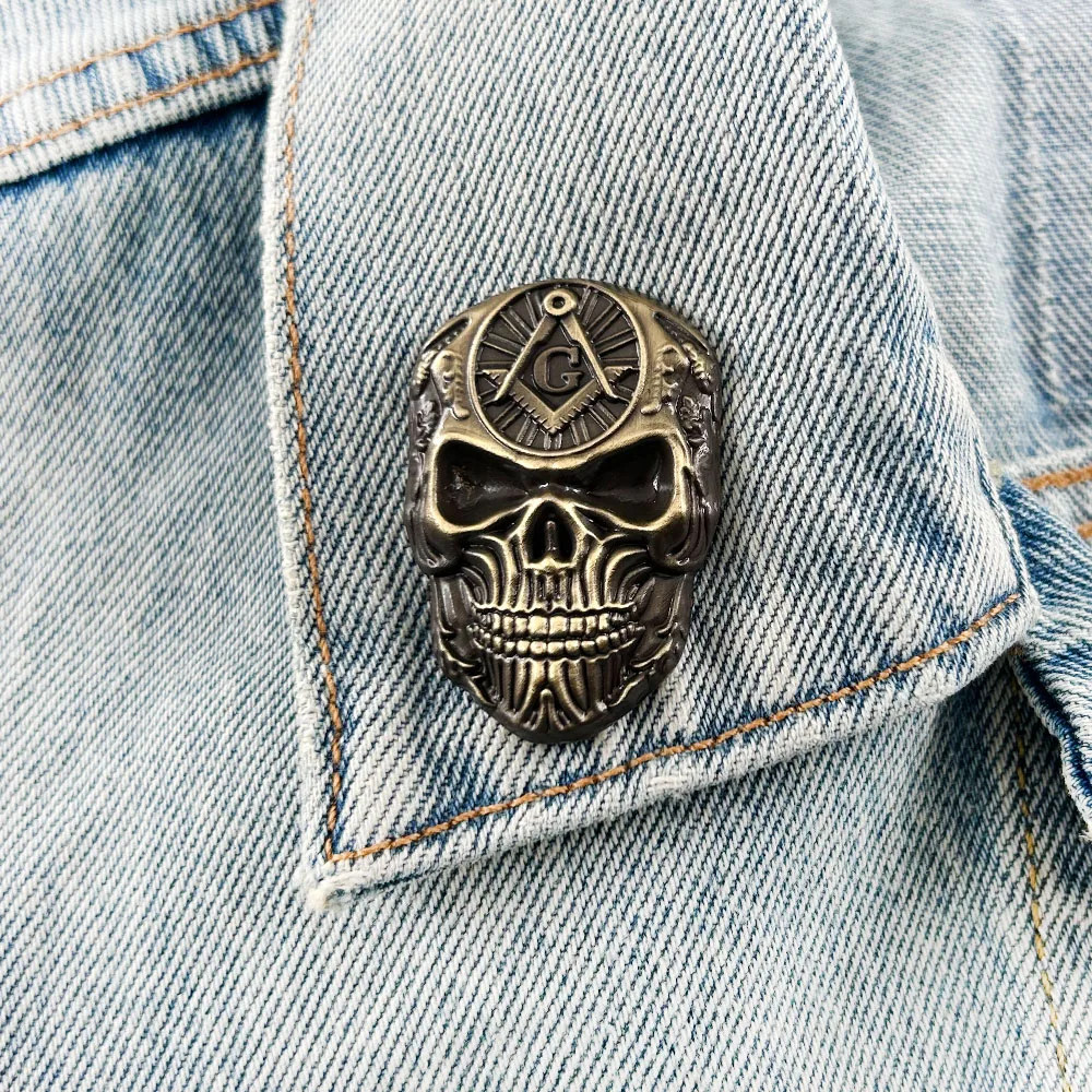 Freemasonry Skul Three-dimensional Badge Biker Brooch Vintage Metal Lapel Pin Hat Decoration