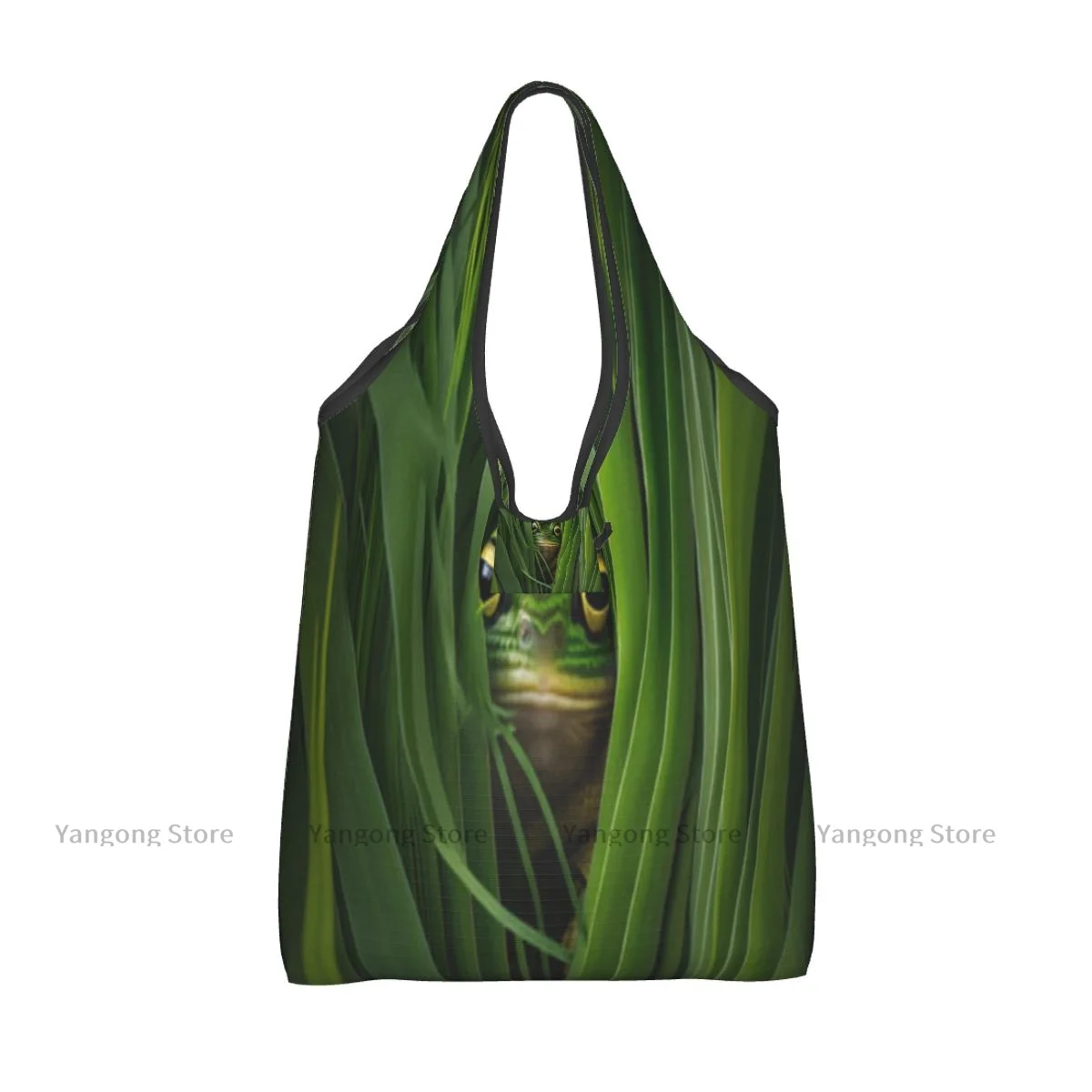 Folding Shopping Bag Frog Hiding In Grass Reusable Portable Shoulder Handbag for Travel Grocery Pocket Tote