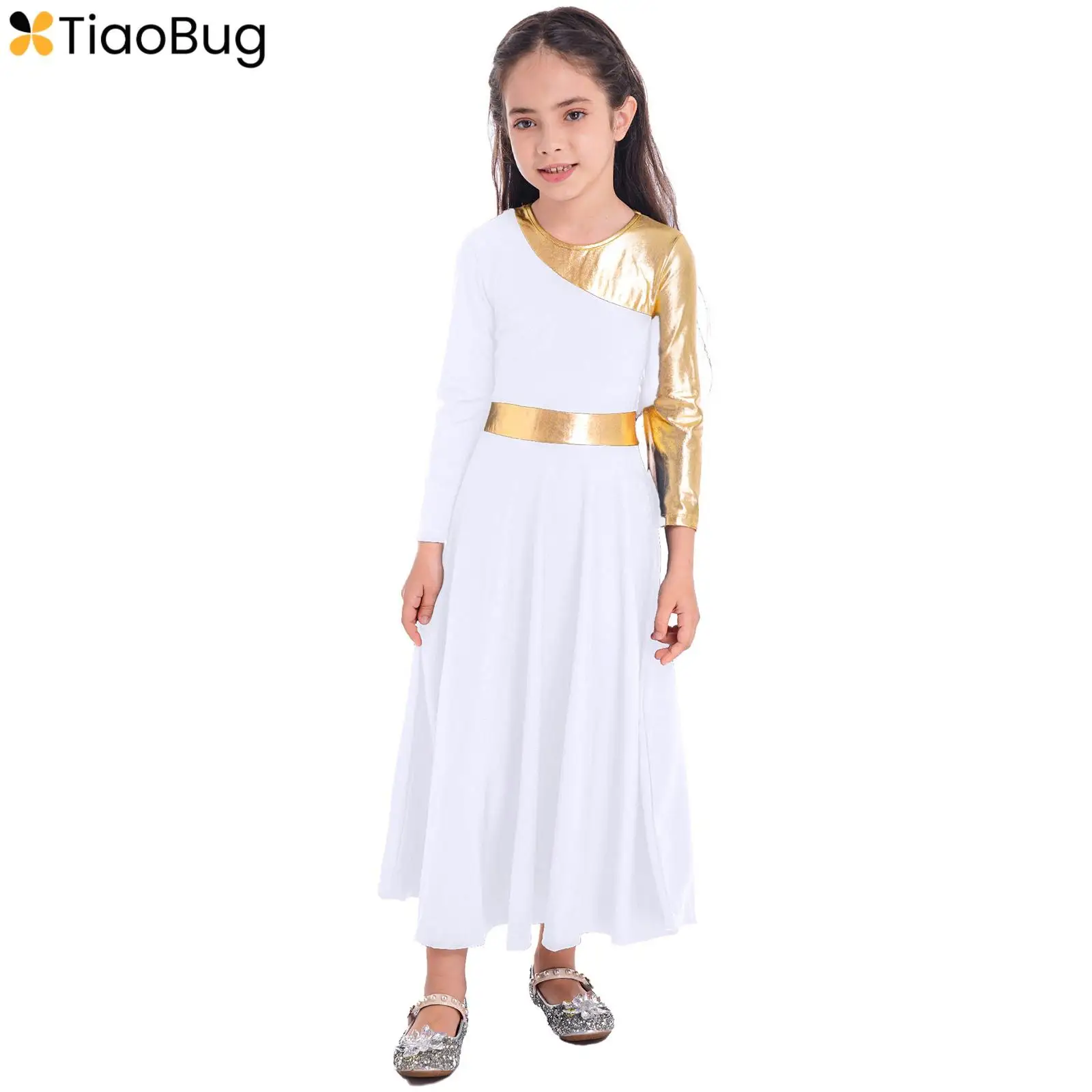 Kids Girls Metallic Ballet Lyrical Praise Dance Long Dress Liturgical Worship Color Block Church Dresses Dancewear