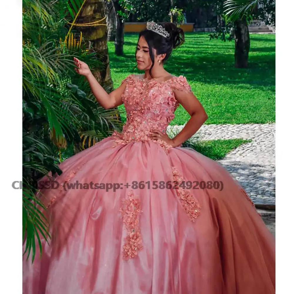 Vestido de princesa rosa para quinceañera, traje de manga larga con hombros descubiertos, brillante, para fiesta de cumpleaños, 16, 2021