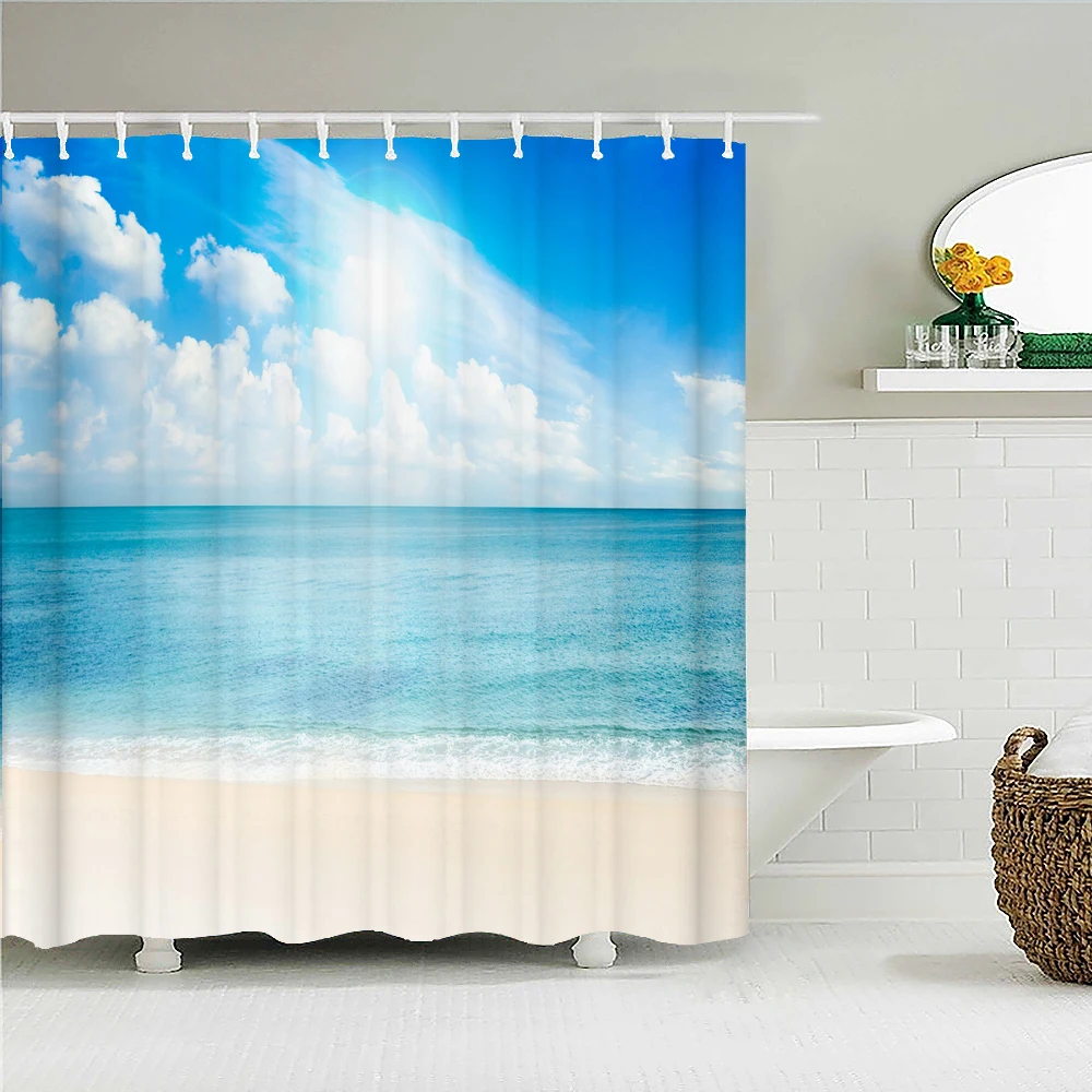 Blauer Himmel Wolken Landschaft Duschvorhang Wasserdichter Badezimmervorhang mit Haken Badvorhänge Stoff 3D-Druck 180 200cm Vorhang