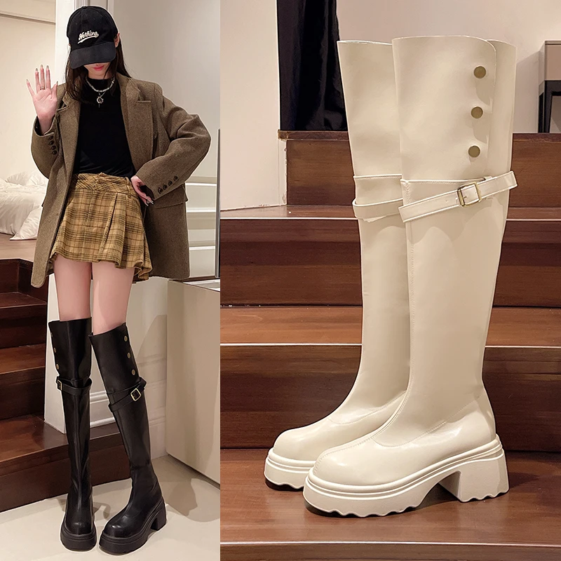 

Женские высокие сапоги выше колена на толстом каблуке, осенне-зимние новые стильные рыцарские сапоги, складные ботинки в стиле ретро на хлопковой подкладке