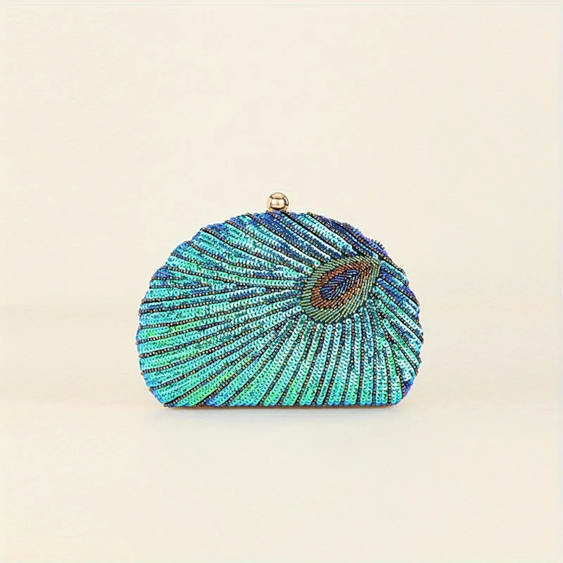 Peacock Green Evening Bag Glitter Gradient Sequins Beading Handbag Women Fashion Oval Party Dressed Purse Bridal Wedding Clutch