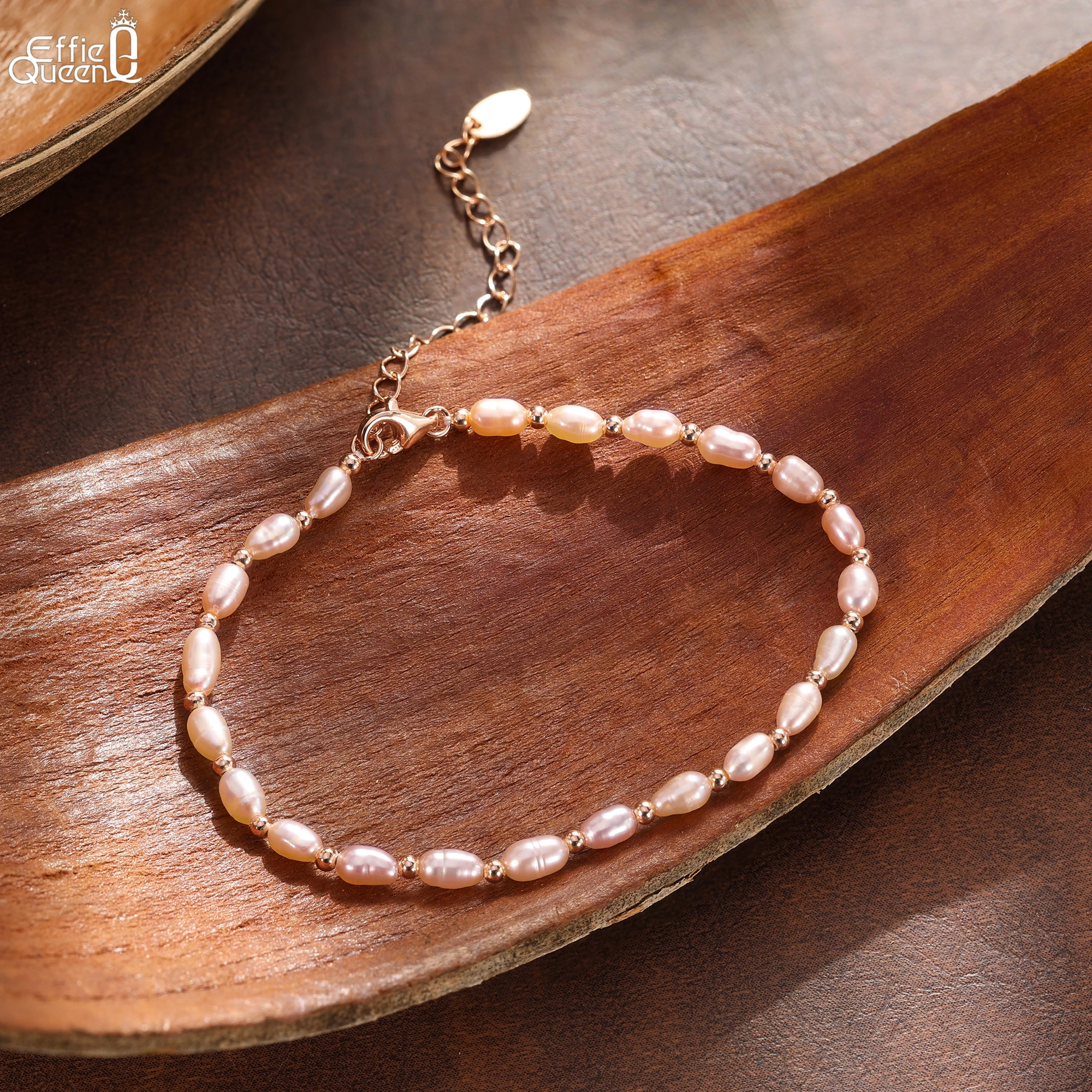 

Браслет EFFIE QUEEN из чистого серебра 925 пробы с розовым золотом, круглыми жемчужными бусинами и цепочкой-шариками, натуральное ювелирное украшение для женщин, подарок на свадьбу или вечеринку, GPB49