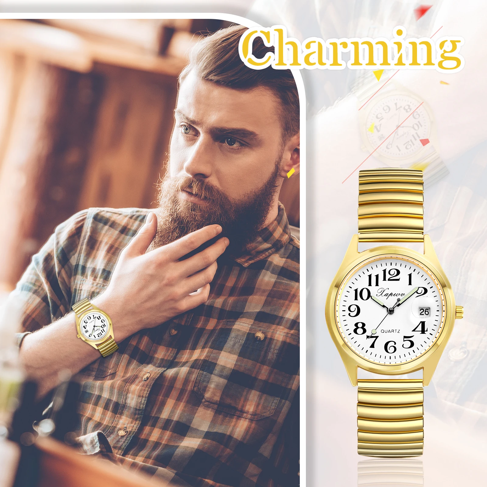 Relógio digital à prova d'água com cinta elástica, pulseira de aço dura, quartzo analógico, ponteiros luminosos, calendário dourado, dia dos namorados presentes