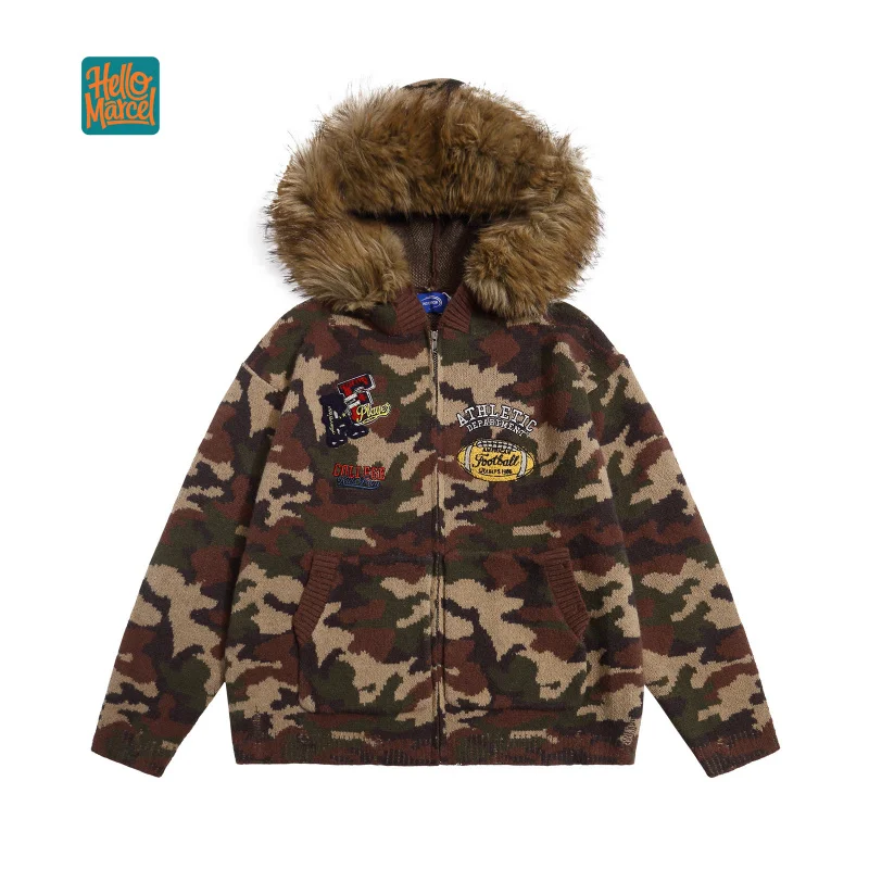 

HELLOMARCEL EU US Size Top Quality Casual Street Wear Retro Camouflage Letter Embroidery Fur Collar Knit Unisex Hoodie Jacket