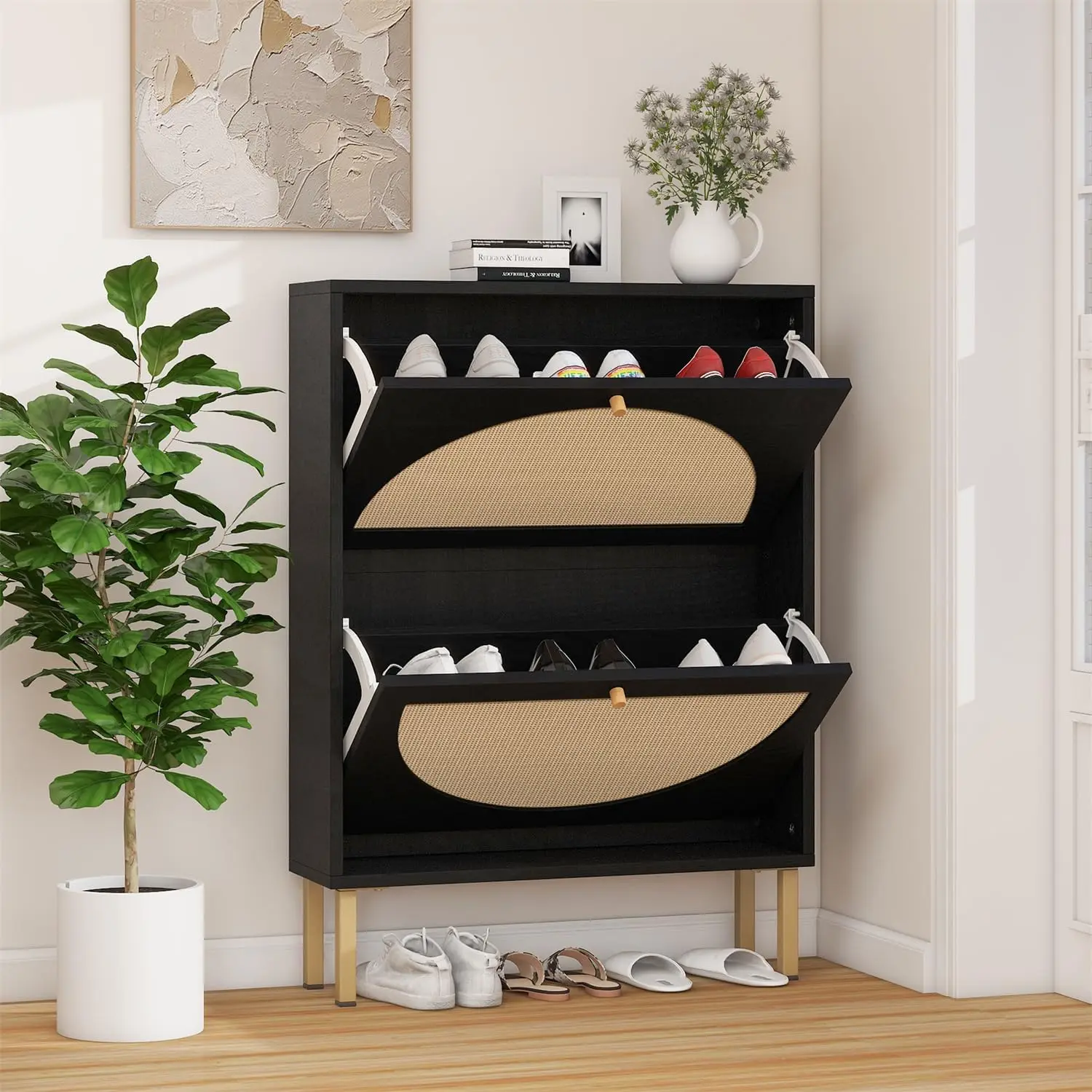 Rattan Shoe Cabinet with 2 Flip Drawers, Black Free Standing Storage Racks with Metal Legs, Shoe Organizers Entrance Hallway