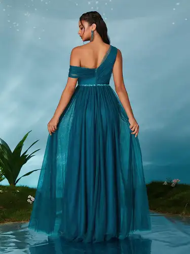 Imagen 2 del producto Vestido de dama de honor de red con cinturón de lentejuelas con bridas y un hombro