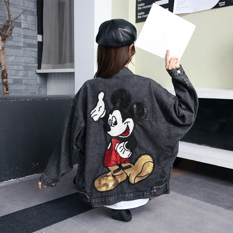 2024 Spring And Autumn New Embroidery Sequin Cartoon Oversized Denim Coat Women\'s Loose Korean Style Mid-Length Jeans Chaquetas