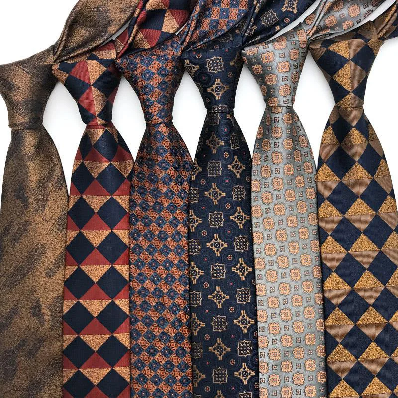 Luxury 8CM Mens Tie Necktie Plaid & Checks Ties For Man Groom Brown Color Jacquard Woven Ascot Formal Business Party Accessories