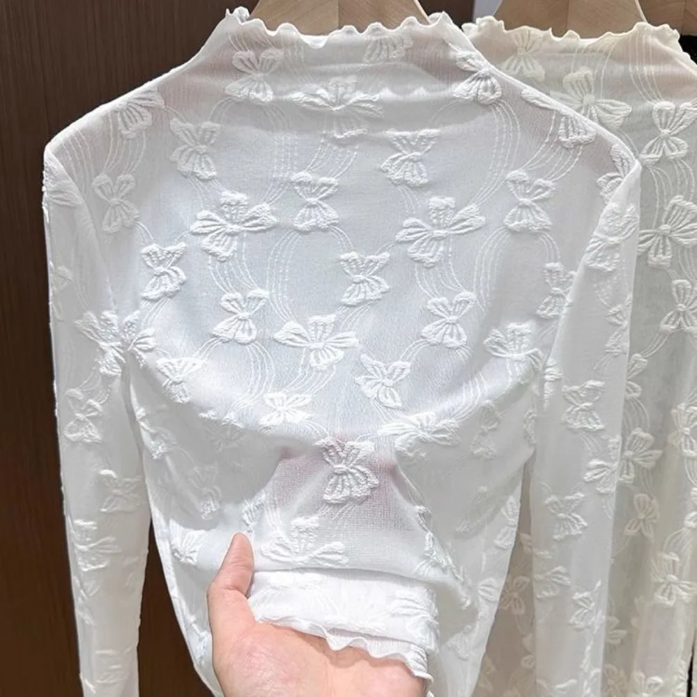 فستان من الدانتيل القاع بلوزة Bowknot البلوزات الدانتيل انظر من خلال قمم شير تيز رقيقة الأساسية قميص الإناث