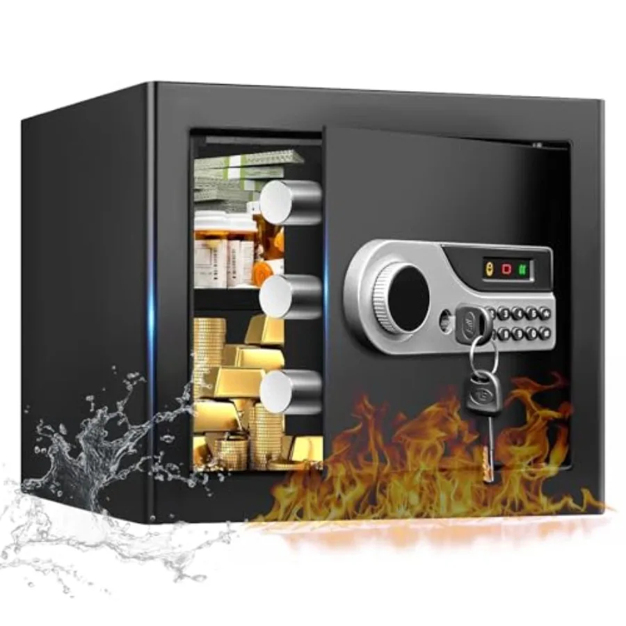 

Small Home Safe for Documents and Valuables, Steel Construction, Black, Water and Fireproof with Digital Keypad Key Lock