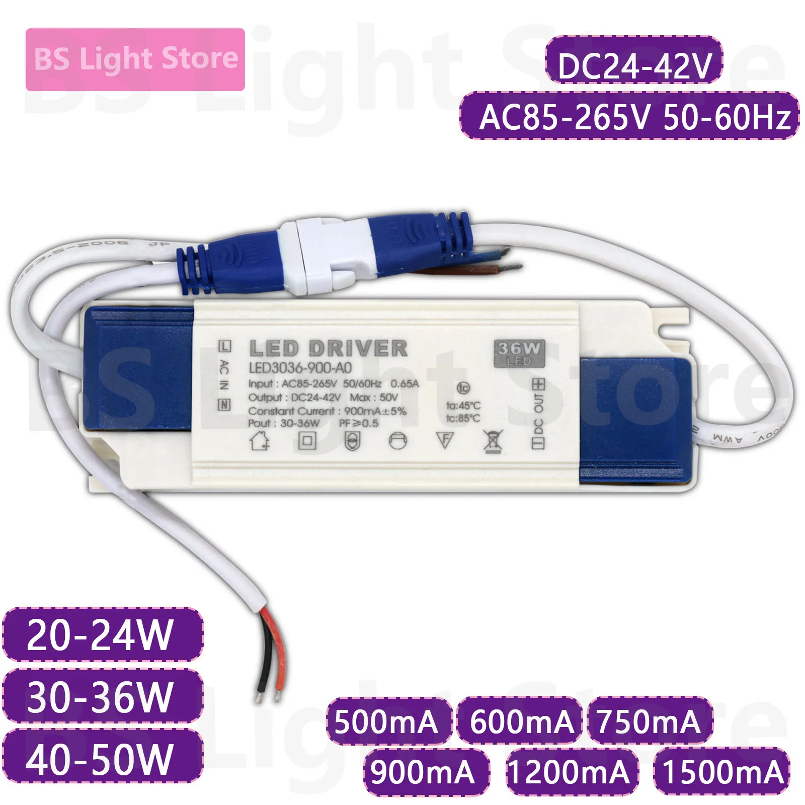 LED Driver 24-42V 20-24W 30-36W 40-50W 500mA 600mA 700mA 900mA 1200mA 1500mA Supply Built-in Constant Current Lighting Transform
