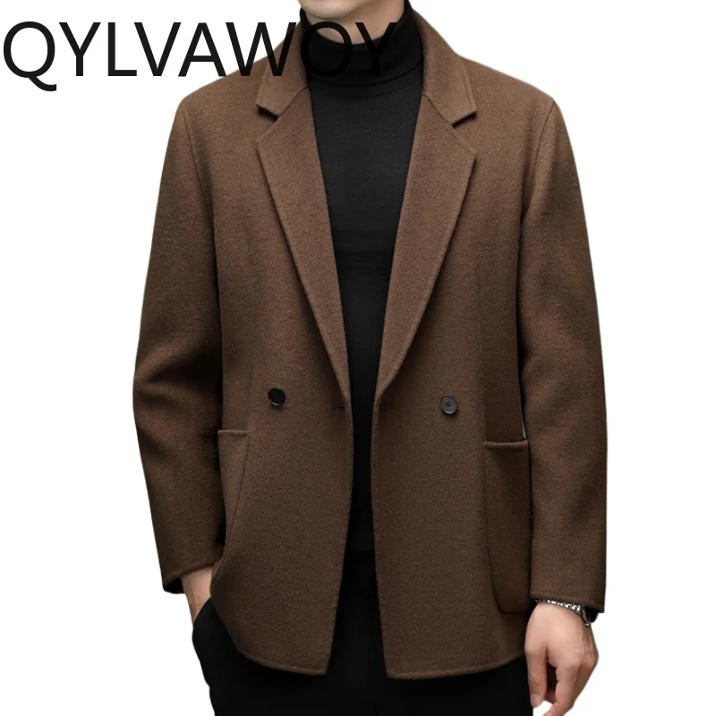

QYLVAWOY 100% Чистый Кашемировый Мужской Жакет Средней Длины, Одежда для Мужчин, Осенне-Зимние Куртки, Шерстяное Пальто с Отложным Воротником, Утепленная Новая Модель