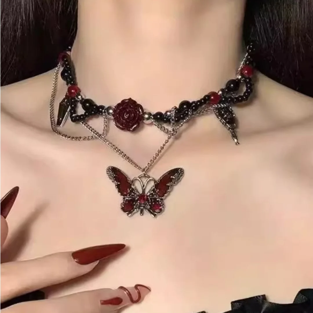 

DUTRIEUX Chinese Style Multi-Layer Beaded Butterfly Tassel Necklace for Women Sweet and Spicy Girl Clavicle Chain Jewelry Gift