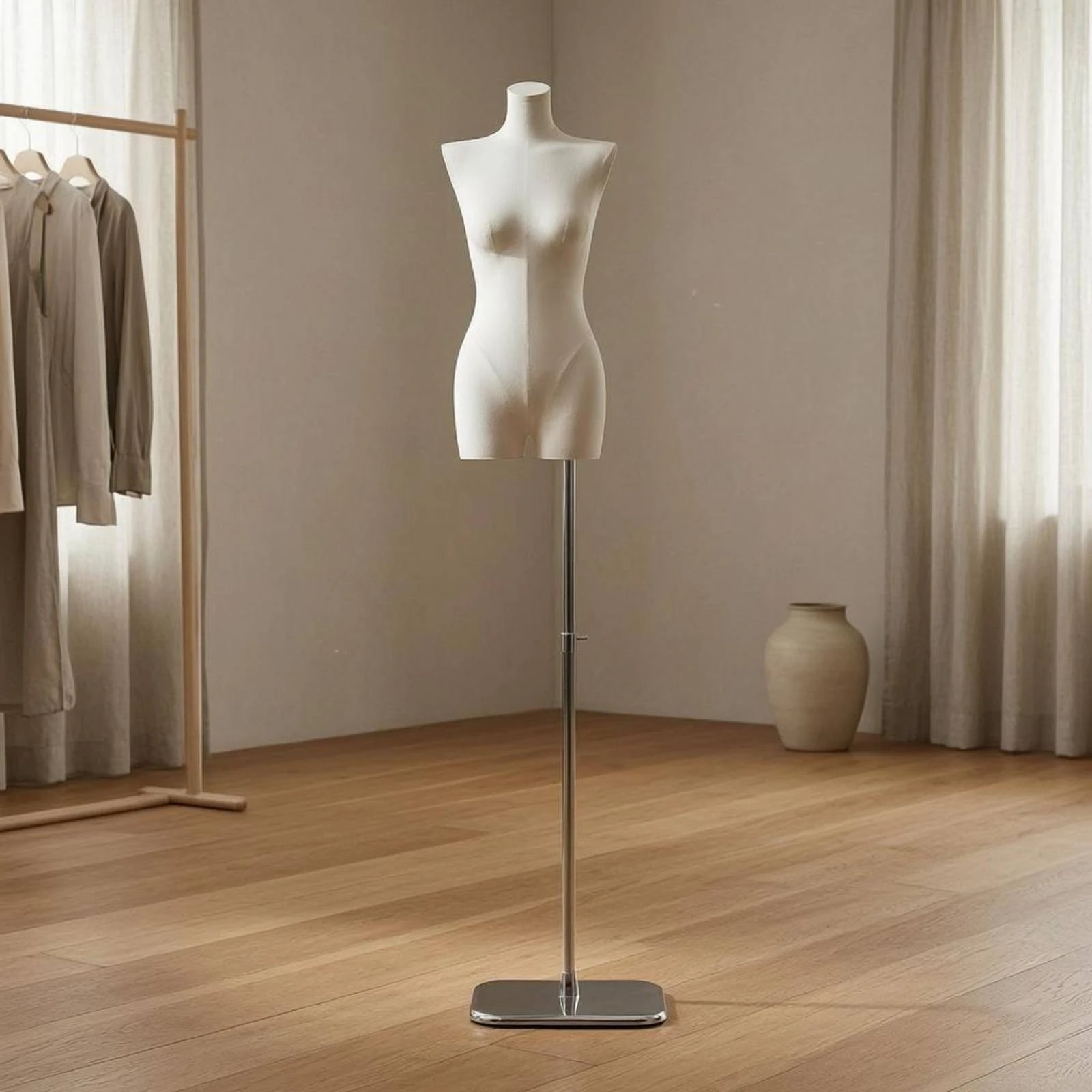 Half-Body Female Mannequin Textured Headless Torso Mannequin Clothing Form Telescopic Retail Fixture Silver Metal