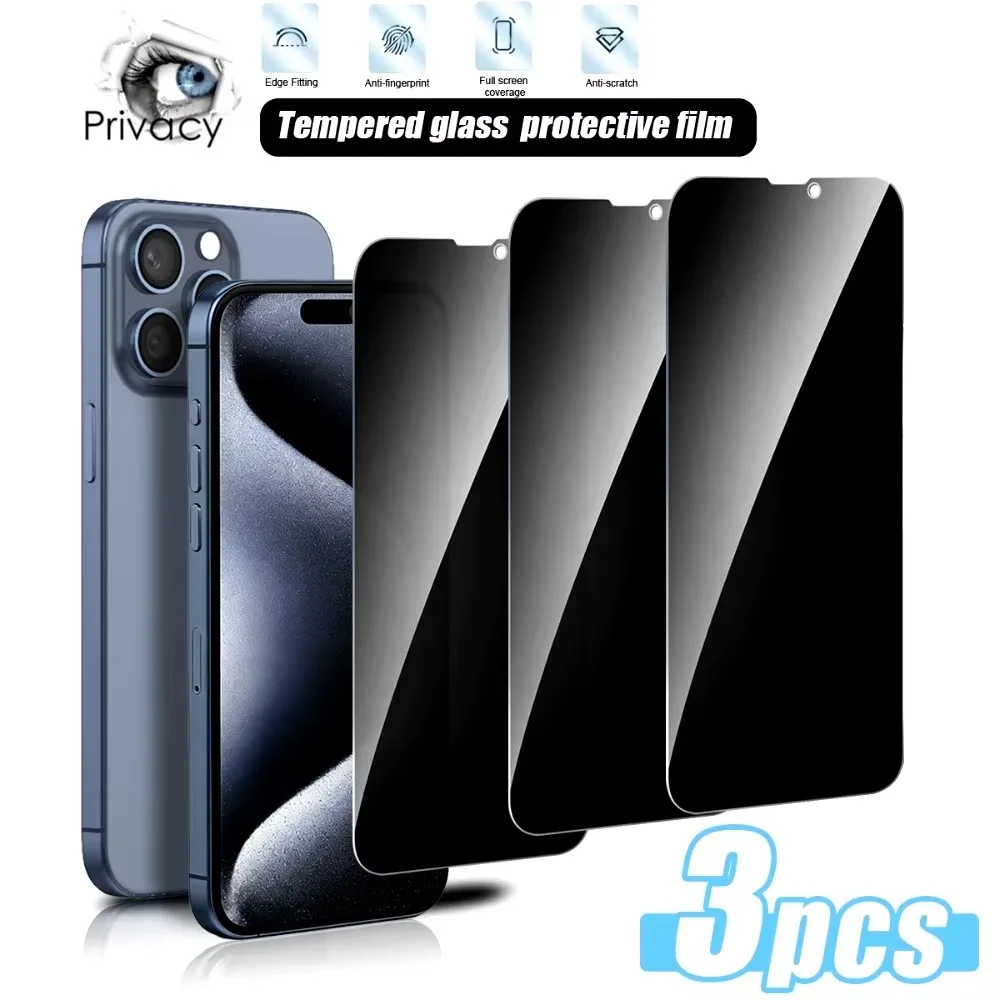 3 шт. защитных стекол с полной защитой конфиденциальности для iPhone 17/16/15/14/Pro Max/Air/17e/16e/13/12/11/Pro/15/14/Plus, твердость 9H.