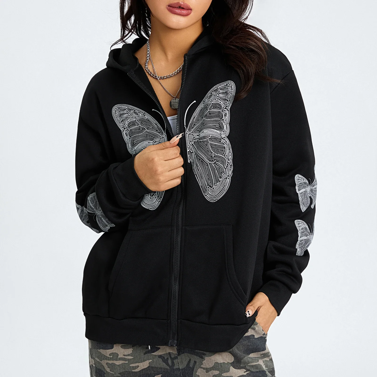 

Women Zip Up Hoodie Rhinestone Long Sleeve Hooded Sweatshirt Goth Coat Vintage Going Out Jacket Fairycore Grunge Streetwear Y2k